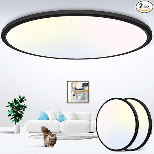 zemty 2Pack 20 inch LED Flush Mount Ceiling Light, 50W 5000lm Large Light Fixture, 3 Color Temperature in One 3000k 4500k 6000K Round Modern Ceiling Lamp for Bedroom Kitchen Dining Room (Black)