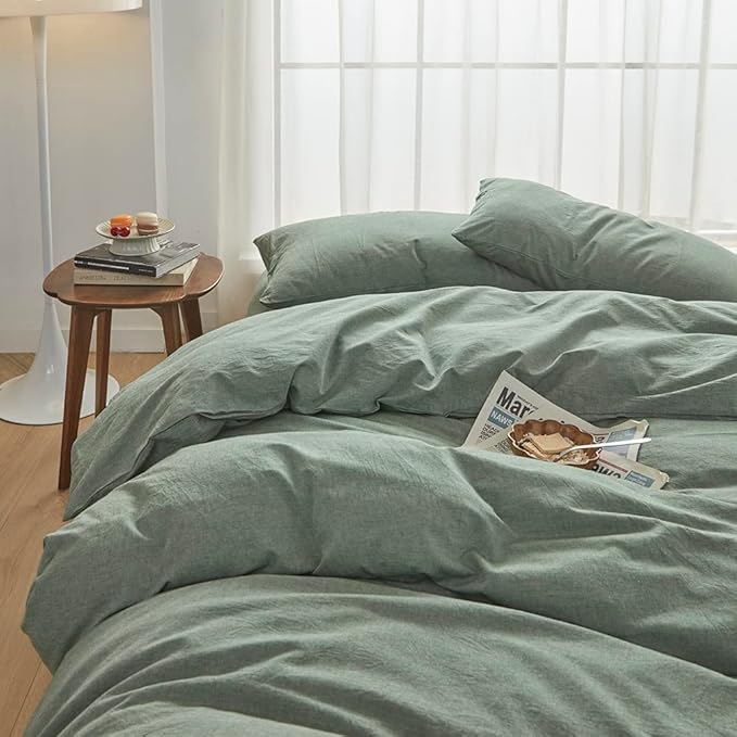 FACE TWO FACE Bedding Duvet Cover Set100% Washed Cotton Duvet Cover Linen Like Textured Breathable Durable Soft Comfy (King, Reversible Green)