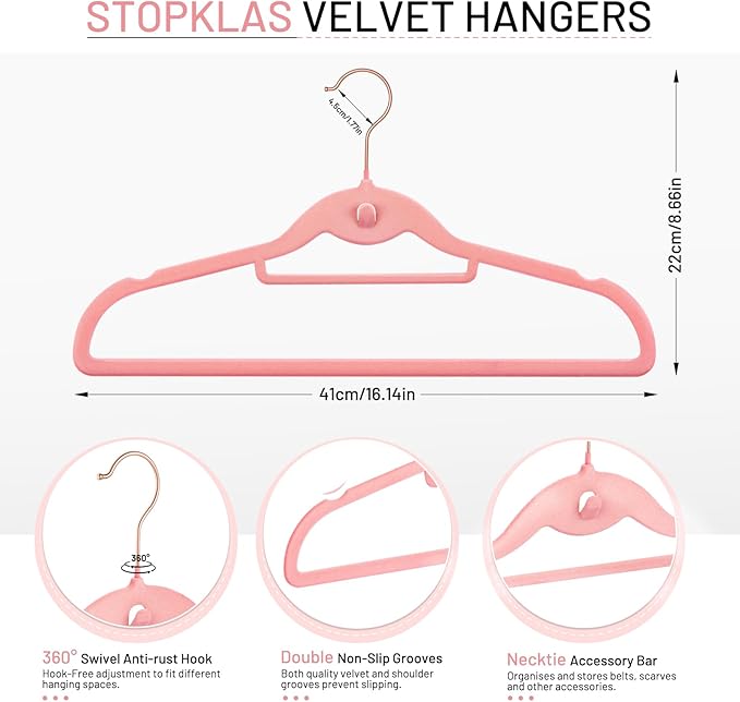 Velvet Hangers 30 Pack, STOPKLAS Pink Clothes Hangers Non Slip Felt Hangers with 360° Swivel Hook, Thin Hanger Space Saving, Heavy Duty Closet Hanger for Clothes, Coats, Suits, Dress, Pants