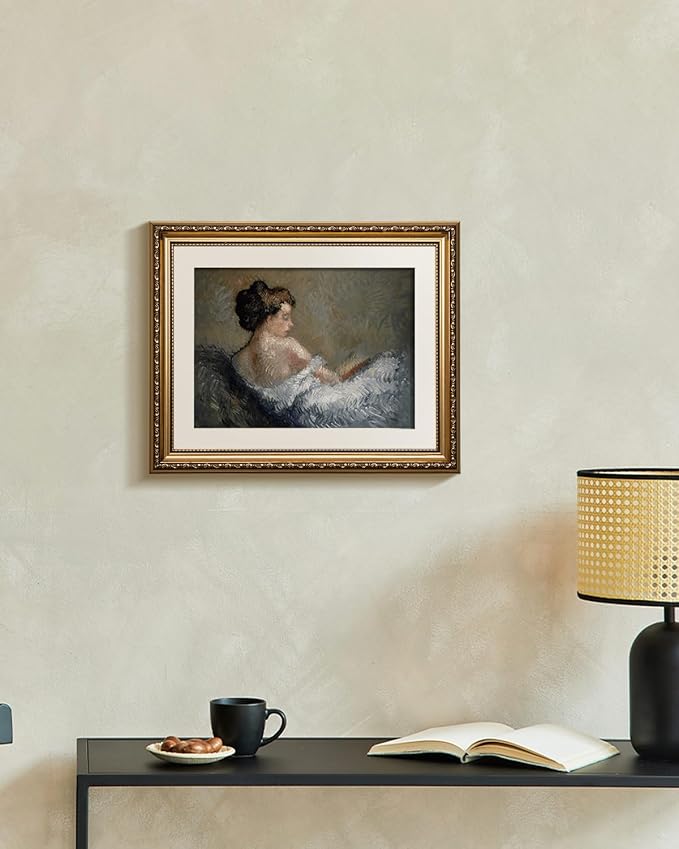 VIYYIEA Gold Framed Wall Art Canvas Print Home Decor Portrait Wall Art Sitting Woman Vintage Decor Room Aesthetic Mid Century Lady Elegant Farmhouse Painting Wall Decor for Bedroom Bathroom 13x16in