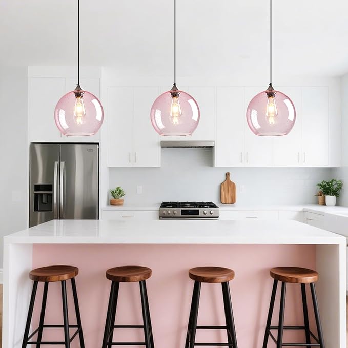 Pink Glass Pendant Lights Kitchen Island Globe Pendant Light Fixtures Modern Pendant Lighting for Bedroom Living Dining Room Light Fixture (9.84 in, 2 Pack)