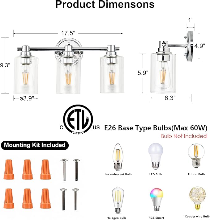 Bathroom Light Fixtures Wall Sconce Light with Clear Glass Chrome 3 Lights Bathroom Lighting Over Mirror Vanity Lights for Living Room,Bedroom,Restroom,Hallway E26 Base