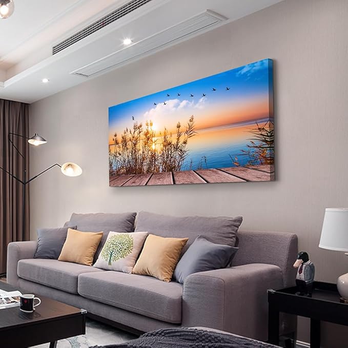 Wapluam Canvas Wall Art For Living Room Large Wall Decor For Office Bedroom Wall Decorations Blue Ocean Seascape Pictures Artwork Sun Seaview Poster Wall Painting Prints Works Home Decor 48 X 24 in