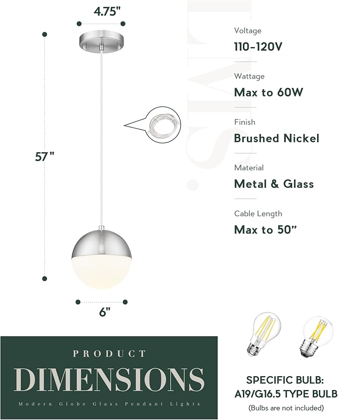 LMS Mid Century Pendant Lights, Brushed Nickel Kitchen Island Light Fixtures with White Globe Glass Shade, Adjustable Hanging Cord, 2-Pack for Home Office Dining Room Bathroom, LMS-186PL-BNWS2PK