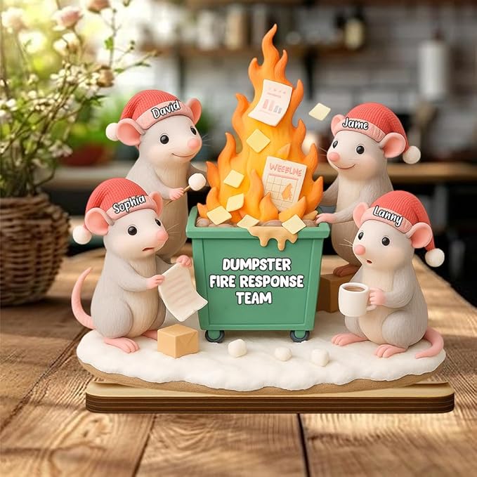 Funny Mouse Dumpster Fire Response Team Wooden Plaque 2025, Personalized Flaming Dumpster Sign, Custom Name Group Plaque, Matching Holiday Decor for Coworkers