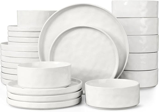 LIANYU 24 Piece Dinnerware Sets for 8, Stoneware Plates and Bowls Dish Set, Kitchen Dinner Ware Speckled Dining Dishware, Microwave & Dishwasher Safe, Polar White