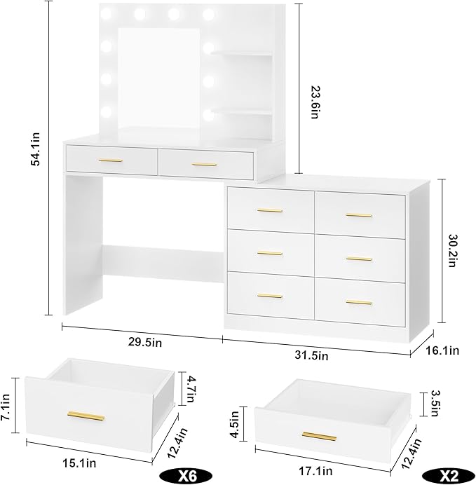 GarveeHome 61 in Make Up Vanity Desk with Mirror and Lights, White Vanity with 8 Wide Storage Drawers & 2 Tier Shelves, 3 Lighting Modes with Adjustable Brightness for Bedroom