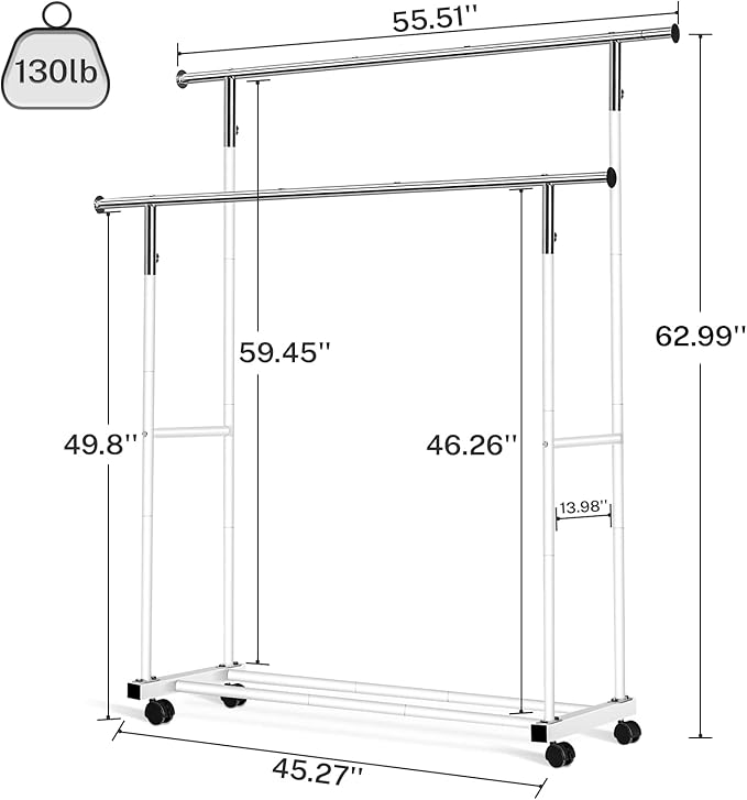 Double Clothing Rack, 55.51 Inch Garment Rack with Wheels and Bottom Shelf, 130LB Capacity Heavy Duty Rolling Clothes Racks for Hanging Clothes, Coats, Shirts, Sweaters, Skirts, White