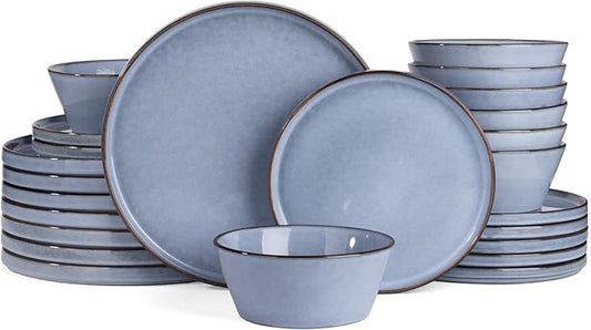 Famiware Plates and Bowls Sets, Annecy Stoneware Dinnerware Sets for 8, 24 Pieces Dish Set, Plate with Lip Edge, Reactive Glaze Tableware - Microwave & Dishwasher Safe, Reactive Blue