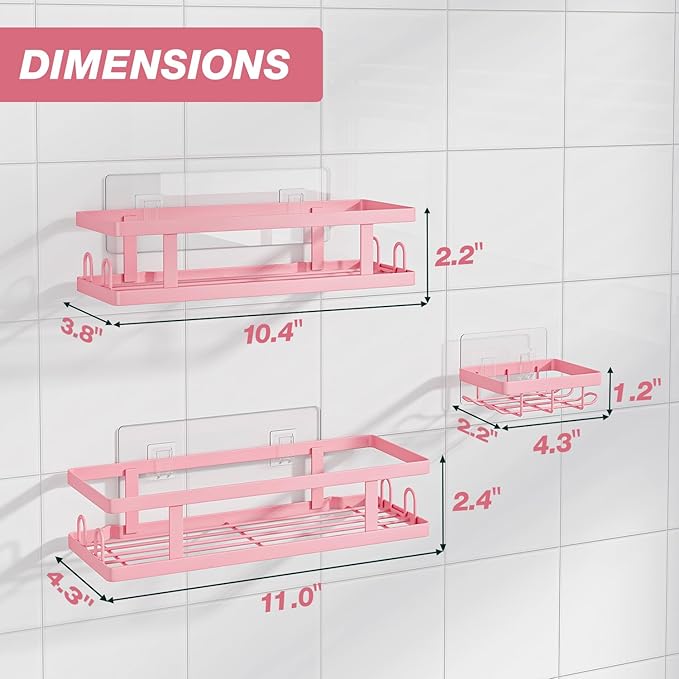 Adhesive Shower Caddy,Shower Shelves with Soap Holder and 12 Hooks,Rustproof No Drilling Bathroom Organizer and Storage,Pink,3 Pack