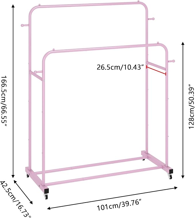 Laiensia Double Rods Garment Rack with Wheels, Clothing Rack for Hanging Clothes,4 Hooks, Multi-Functional Bedroom Clothes Rack, Pink