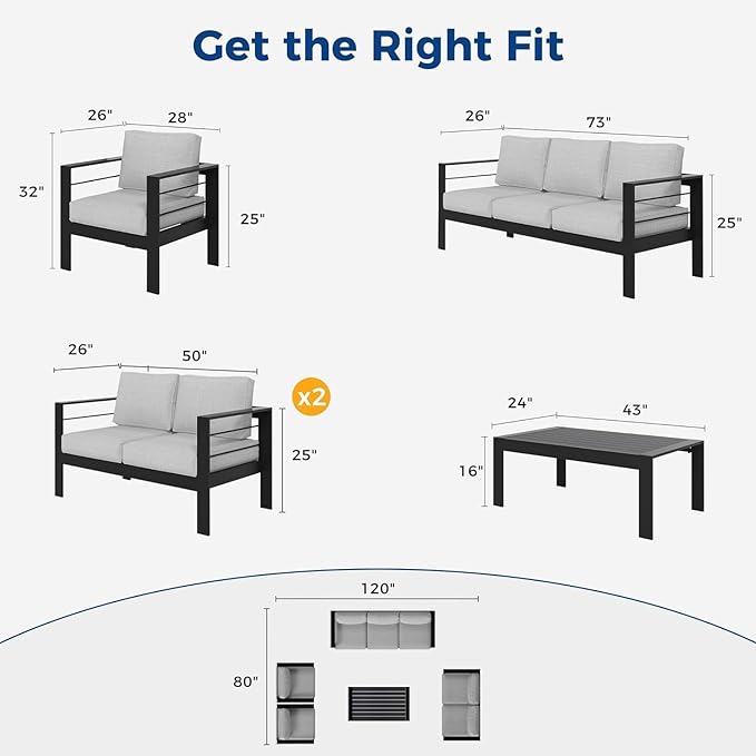 Wisteria Lane Aluminum Patio Furniture Set, 7 Seats Outdoor Conversation Set, Sectional Metal Sofa with 5 Inch Cushion and Coffee Table for Balcony, Backyard, Garden, Black Frame and Grey Cushion