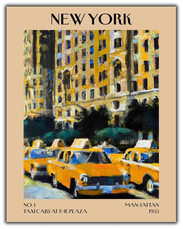 Retro Vintage New York Wall Art Print - 11x14 Unframed Poster - New York City Souvenirs, Cute Trendy Colorful Wall Decor (Taxi Cabs at the Plaza, 11x14")