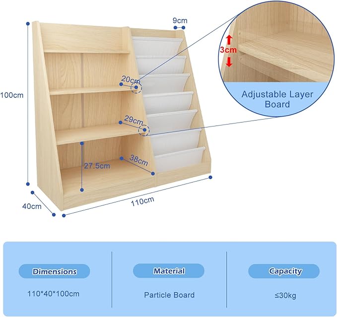 4 Tier Kids Bookshelf Baby Toddler Book Rack Children Bookcase Toy Storage Organizer with 6 Sling Adjustable Shelf for Nursery Playroom Classroom Library Bedroom Natural Wood