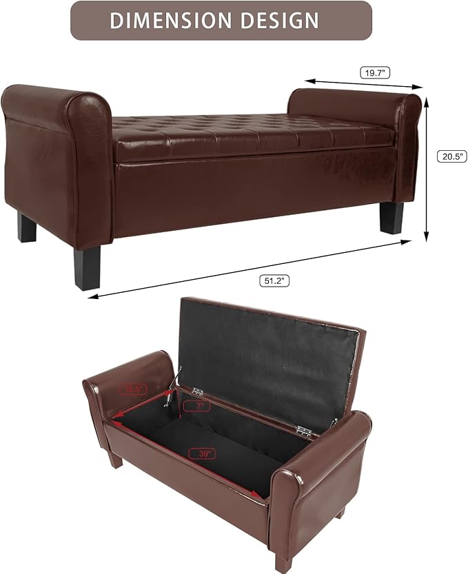 Storage Ottoman Bench with Arms, End of Bed Bench for Bedroom, Button Tufted for Entryway, Living Room,Hallway, Foot Rest (Brown)