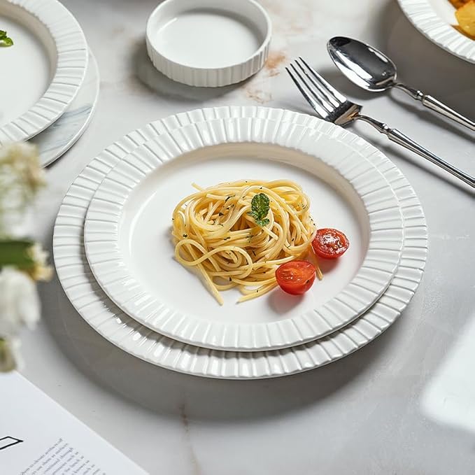 MDZF SWEET HOME 12-Piece White Ceramic Dinnerware Set - Rhine Series, Service for 4, Includes Bowls, Flat & Deep Plates, Microwave & Dishwasher Safe
