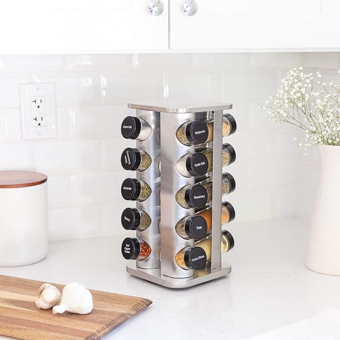 Orii 20 Jar Spice Rack with Spices Included - Revolving Tower Organizer for Kitchen Spices and Seasonings, (Stainless Steel)