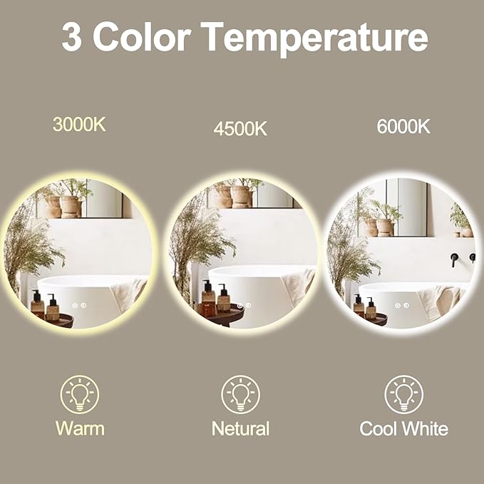 32 Inch Round LED Bathroom Mirror Backlit Anti-Fog Wall Mounted Lighted Bathroom Vanity Mirror 3 Colors Light Dimmable Smart Makeup Mirror with Touch Switch