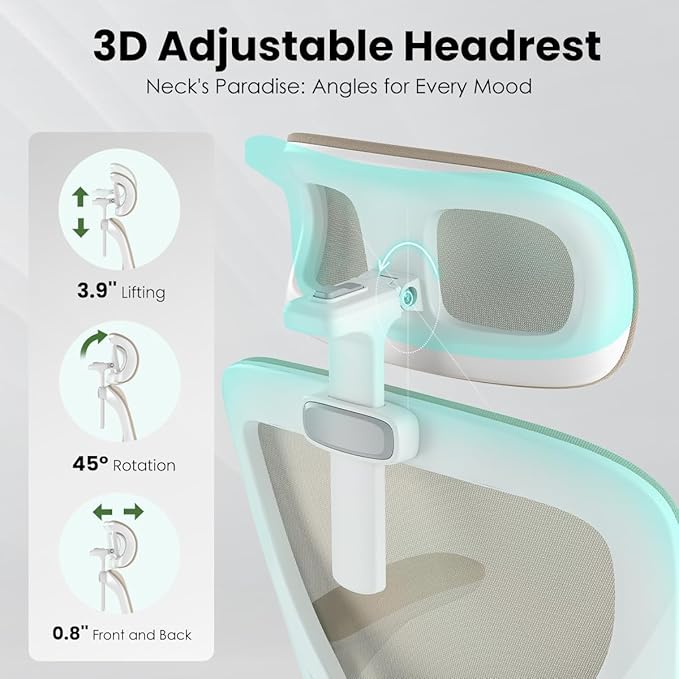 Soohow Ergonomic Office Chair,Home Office Desk Chair with Adjustable Lumbar Support Armrests,Comfy Computer Desk Chair with Headrest,for Home and Office, Khaki