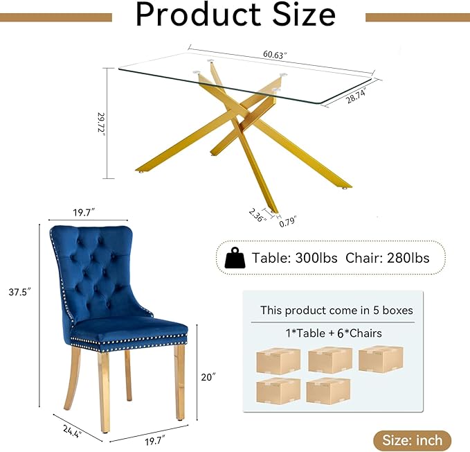 Goujxcy Glass Dining Table Set for 6, Modern Kitchen Table and Chairs Set of 6, 7-Piece Kitchen Dining Room Table Set w/61 Glass Gold Dining Table and 6 Blue Velvet Upholstered Chairs