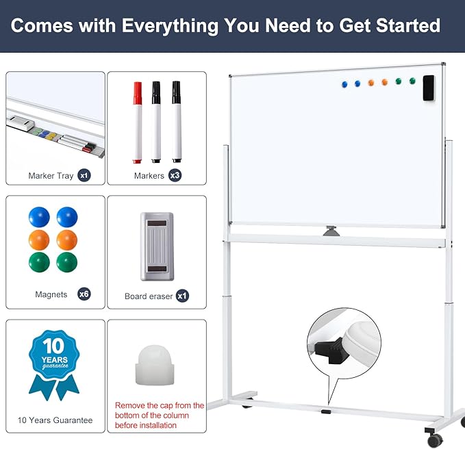 White Board on Wheels, 48 x 32 Inches Height-Adjustable Large Rolling Whiteboard, Mobile Magnetic Dry Erase Board with Stand, Double-Sided Standing Whiteboard for Office, Home, Classroom, School