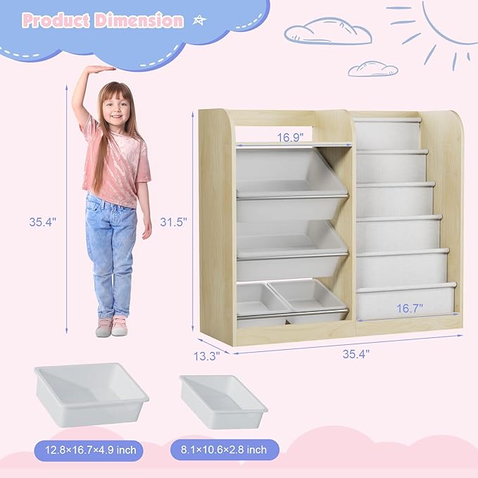 Natural Kids Wood Bookshelf Toy Storage Box Organizer Shelf W/4 Removable Plastic Toy Bins Children Bookcase Toddler Baby Sling Book Rack Cabinet Chest Girl Boy Gift Playroom Classroom Bedroom Nursery