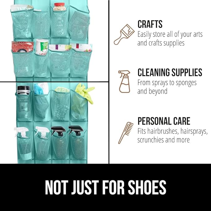 GORILLA GRIP Over the Door Shoe Organizer, 24 Large Breathable Mesh Pockets, Space Saving Hanging Storage Holder, Closet Rack Hanger Holds Up to 40 lbs, Hangs on Closets, Shoes, Accessories, Turquoise