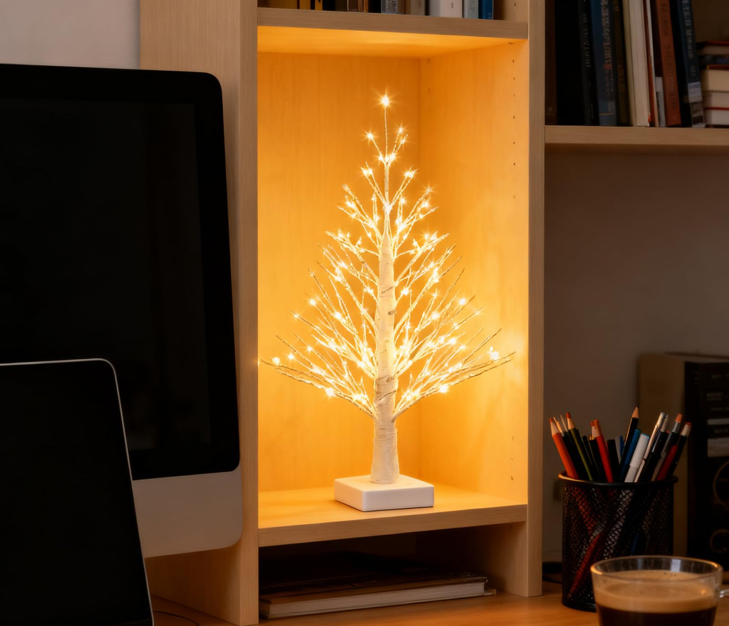 2FT Lighted Birch Tree with Warm LED Lights, Tabletop Christmas Tree, Mini Birch Tree with 218 LED Light, Battery & USB Powered Small Christmas Tree for Holiday Decoration