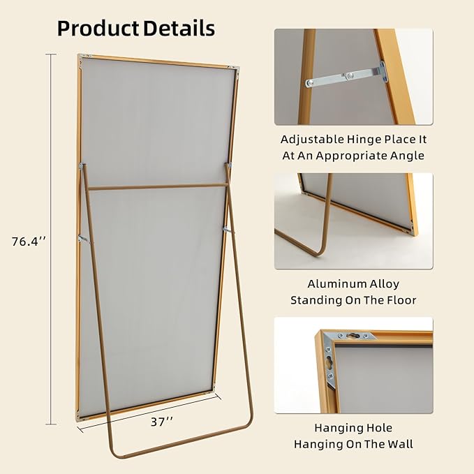 Beauty4U 76" x 37" Large Full Length Mirror with Stand, Gold Wall Mounting Full Body Tempered Mirror, Metal Frame Full-Length Mirror for Living Room, Bedroom