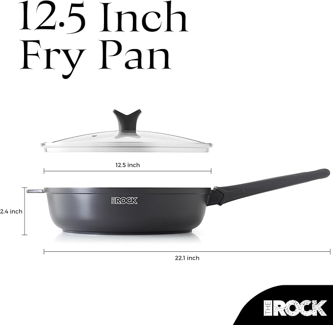 THE ROCK SOHO 12.5-Inch Non Stick Frying Pan with Lid – Nothing Sticks, Never Warps, Lasts Longer, Healthy Skillet with Heat-Resistant Handle, PFOA Free, Oven & Dishwasher Safe, Black