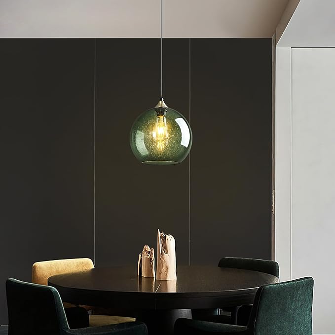 Gray Green Glass Pendant Lights Kitchen Island Lighting Globe Pendant Light Fixtures Modern Pendant Lighting for Kitchen Island Bedroom Living Dining Room Light Fixture(9.84in, 1-Pack)