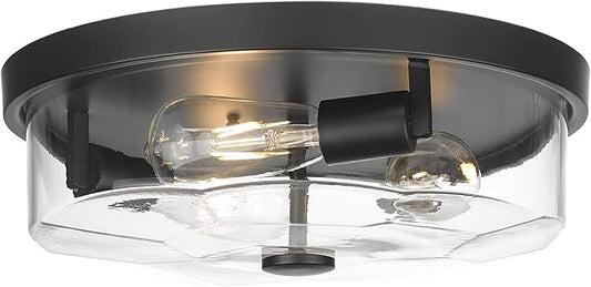 Flush Mount Ceiling Light with Clear Glass Shade, 3-Light Indoor Outdoor Farmhouse Lighting Flush Mount Lights for Kitchen Bedroom Porch Living Dining Room (Black)