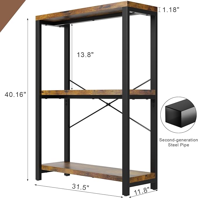 3-Tier Adjustable Heavy Duty Bookshelf, Industrial Wooden Open Storage Rack with Black Metal Frame, Vintage Bookcase with Lock Wall Design, Rustic Brown