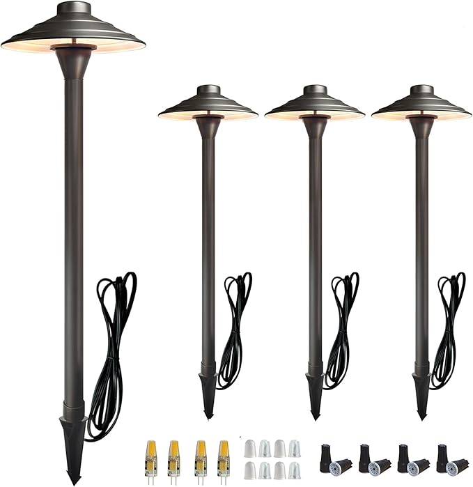 Solid Cast Brass Pathway Lights, 4 Pack 12V Low Voltage Landscape Lighting LED Path Lights with G4 Bulb for Outdoor Walkway, Garden, 23" Tall, 7.5" Shade
