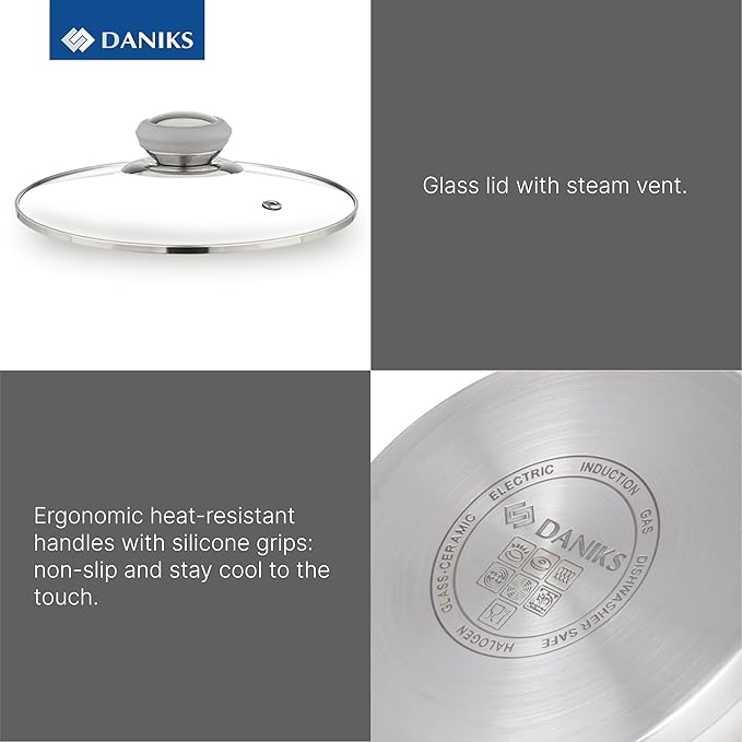 Daniks Modern Stainless Steel Stock Pot with Glass Lid – Induction 7 Quart, Dishwasher Safe, Heatproof Handles, For Soup, Pasta, Stew, Silver