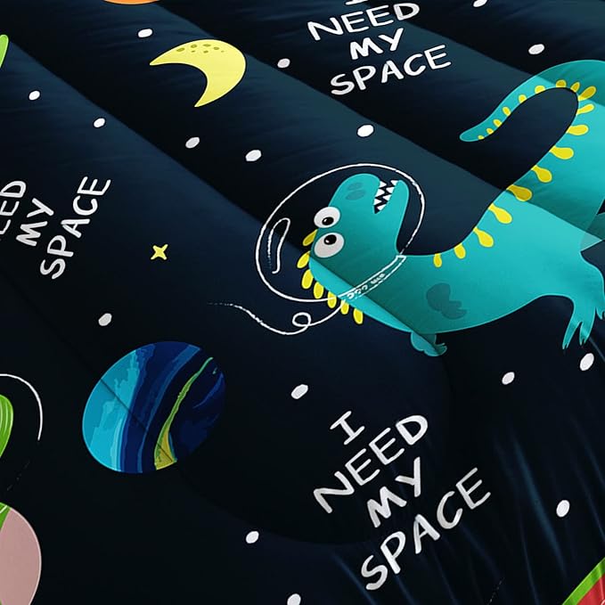 Dinosaur Space Dinos Comforter Bedding Set for Boys Kids Children, Celestial Bodies Colorful Dinosaur Print, 3PCS (1 Full Comforter, 2 Pillowcases), Green, Blue, Purple, Full 80x90inches