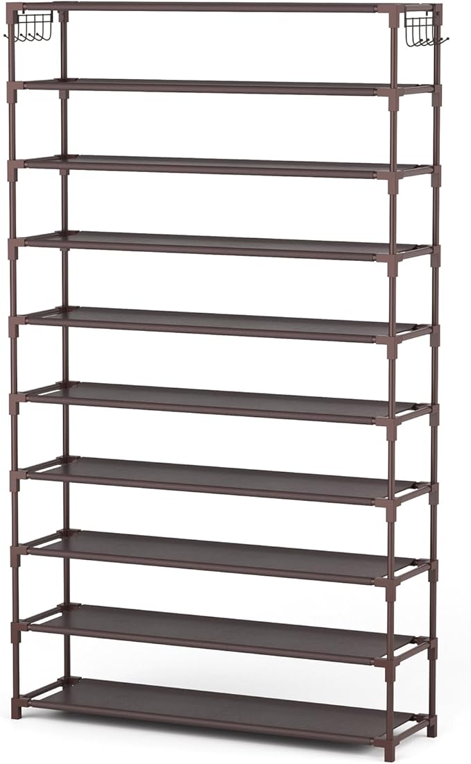 10 Tiers Shoe Rack 50 Pairs Large Capacity Tall Shoe Organizer Sturdy Shoe Storage with Two Hooks Space Saving Metal Wide Shoe Rack for Closet, Entryway, Bedroom, Brown