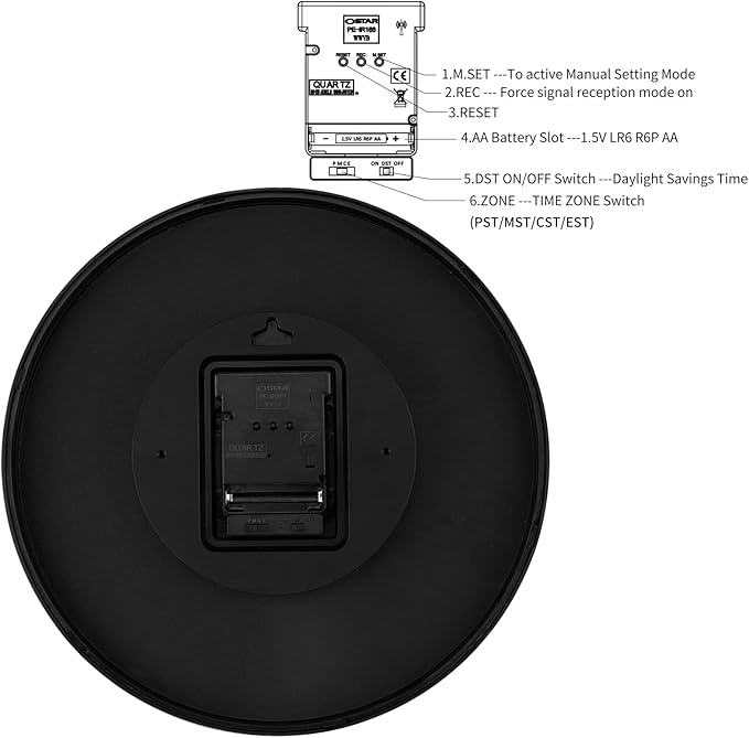 Foxtop Atomic Wall Clock Battery Operated Round Analog Modern Wall Clock Sets Automatically for Office Classroom Bedroom Kitchen Living Room (Black)