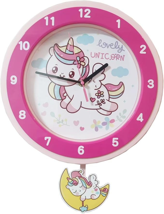 Learning Time Clock for Kids ，Colorful Clock Face Silent Clocks，Décor at School,Bedroom,Kitchen,Classroom,Clear Digital Wall Clock for Kids Room (Rainbow Cute Unicorn)