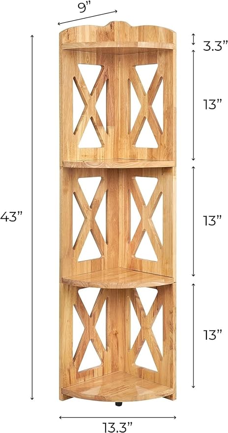Corner Shelf Stand, Corner Bookshelf, Small Corner Shelves by Natural Wood, Plant Stand, Corner Bookcase for Living Room, Home Office, Bedroom, (Natural, 4 Tier X)