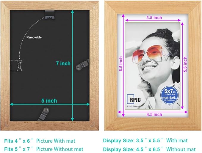 RPJC 5x7 inch Picture Frame Made of Solid Wood and High Definition Glass Display Pictures 4x6 with Mat or 5x7 Without Mat for Wall Mounting Photo Frame Natural