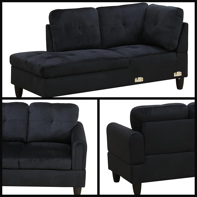 L-Shaped Sectional Sofa with Movable Chaise & Storage Ottoman, Lounge 3-Piece Modular Convertible Couches for Living Room, Apartment & Office, Black