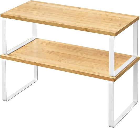 2 Pack Cabinet Organizer Shelves, Stackable and Expandable Kitchen Counter Shelf, for Kitchen Cabinet Countertop Storage, Spice Rack, Metal and Premium Bamboo (White, 15.6" W)