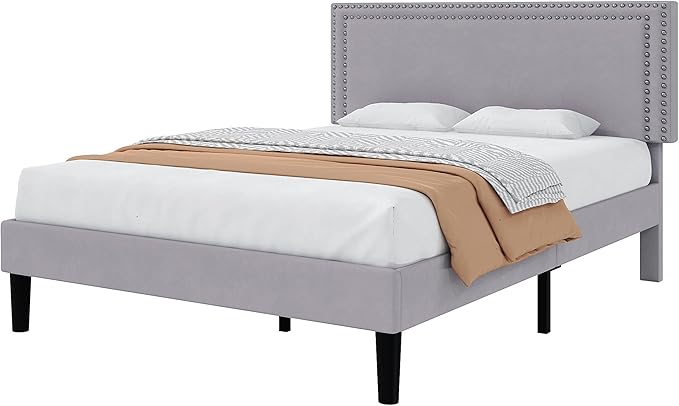 VECELO Full Size Bed Frame with Adjustable Upholstered Headboard, Wooden Slats Platform, Noise-Free Design, No Box Spring Needed, Easy Assembly