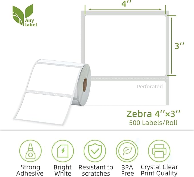 4" x 3" Direct Thermal Labels, Thermal Printer Labels for Shipping Address Barcodes, Thermal Stickers Compatible with Zebra, Rollo, Munbyn Thermal Labels Printers (12 Rolls, 500 Labels/Roll)