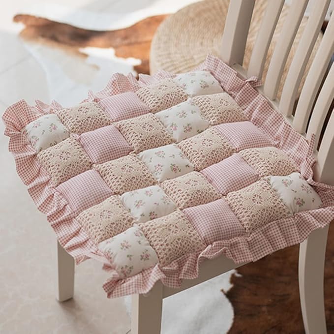 vctops Lace Patchwork Chair Pad Cushion with Ties, Elegant Ruffle Edge Decorative Cushions Farmhouse Floral Pattern Square Seat Cushion for Kitchen Dining Room Office (Type A,16"x16")