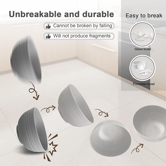 12 Pcs Unbreakable Cereal Bowls Set, 26 Oz Wheat Straw Bowls Set, Microwave & Dishwasher Safe Bowls for Kitchen, Reusable Plastic Bowls for Soup, Salad and Snack, BPA Free, Light Gray