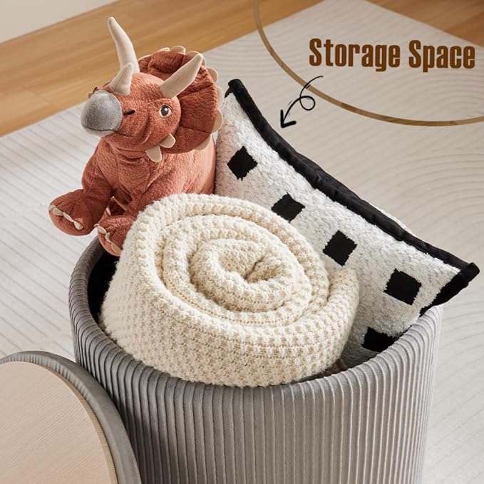 Big Round Ottoman with Storage Set of 2,Upholstered Velvet Vanity Stool for MakeupMultifunctional Foot Rest Coffee Table Padded Seat Tufted Ottomans for LivingRoom&Bedroom(Grey)