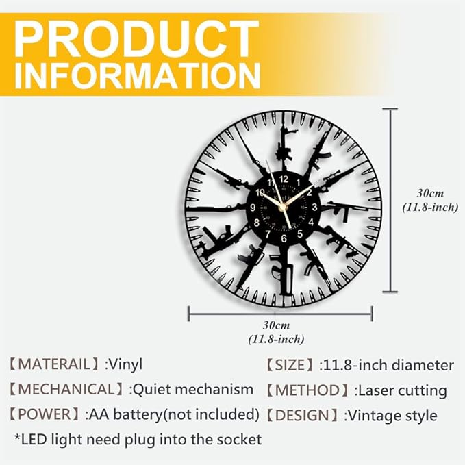 Guns Vinyl Record Wall Clock,12 Inch Firearms Decoration Home Theme Clock,Black Wall Decor for Kid's Room/Game Room/Living Room, A Gift for Boy/Boyfriend/Husband/Friend