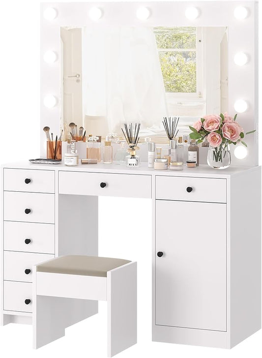Garvee White Vanity Desk with Mirror and Light, Makeup Vanity Table with Charging Station, 7 Storage Drawers, 1 Cabinet, 3 Color Lighting Modes, Modern Wooden Dressing Table for Bedroom